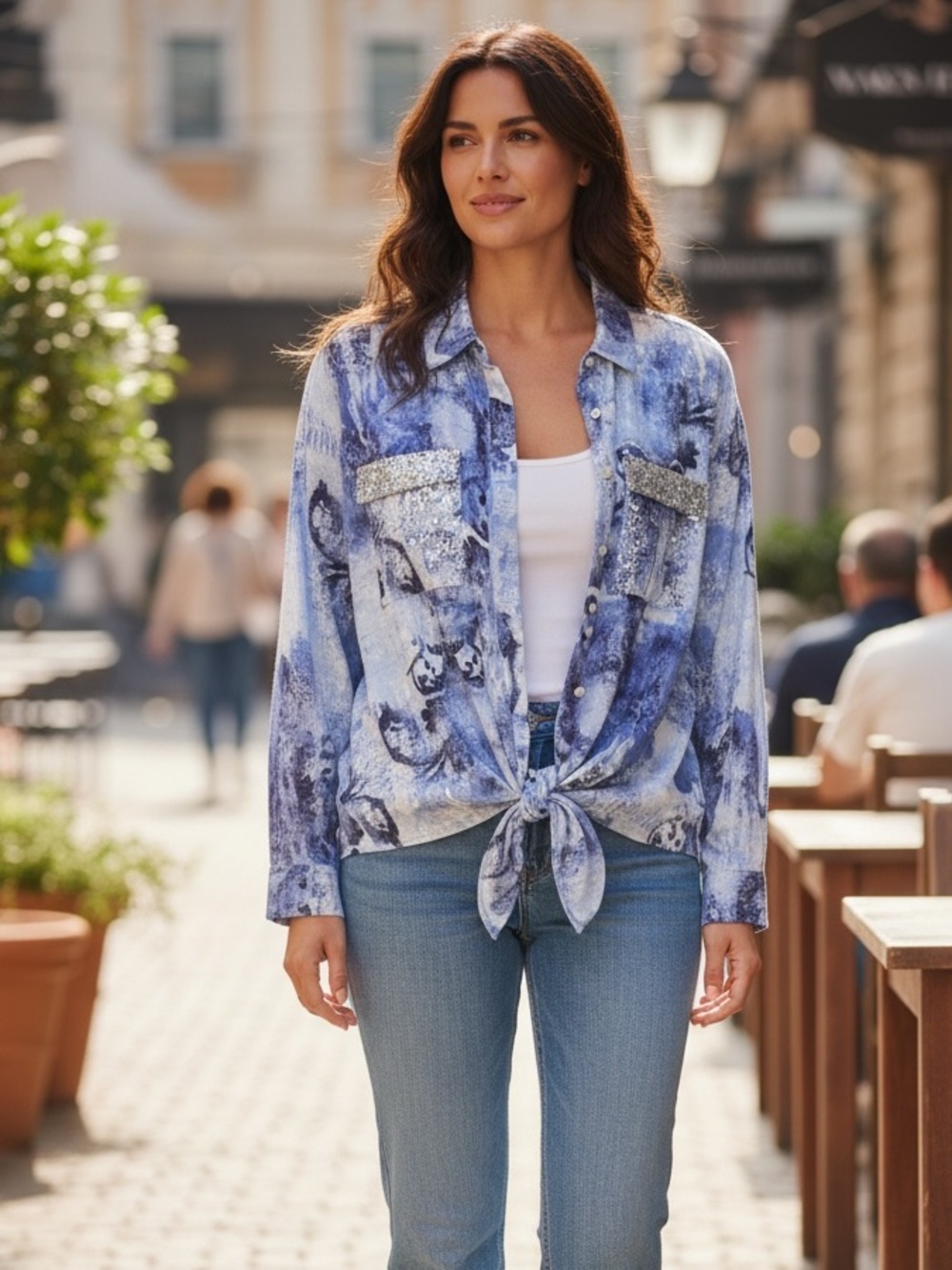 Chico's Blue and White Abstract Sequin Pocket Button-Front Blouse Top 2 12 L